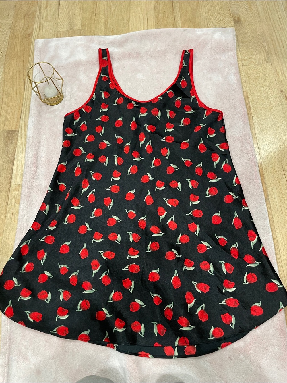 VTG 80s 90s Kasara Canada Red Tulip Satin Chemise Sleep Mini Dress Large